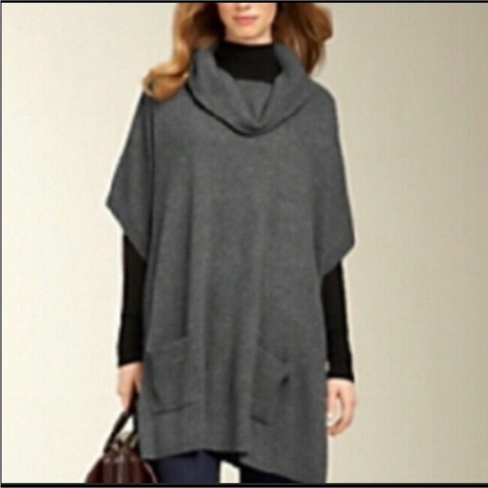 Talbots Womens Pure Cashmere Gray Turtle Neck Poncho Sz L Preppy Career Casual - Picture 2 of 9